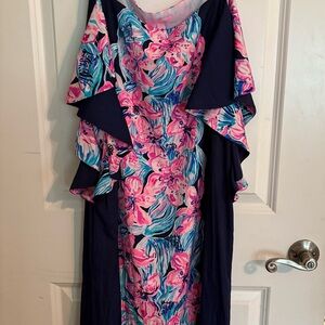 Lilly Pulitzer Pink and Blue Asymmetrical Sundress with Flutter Sleeves